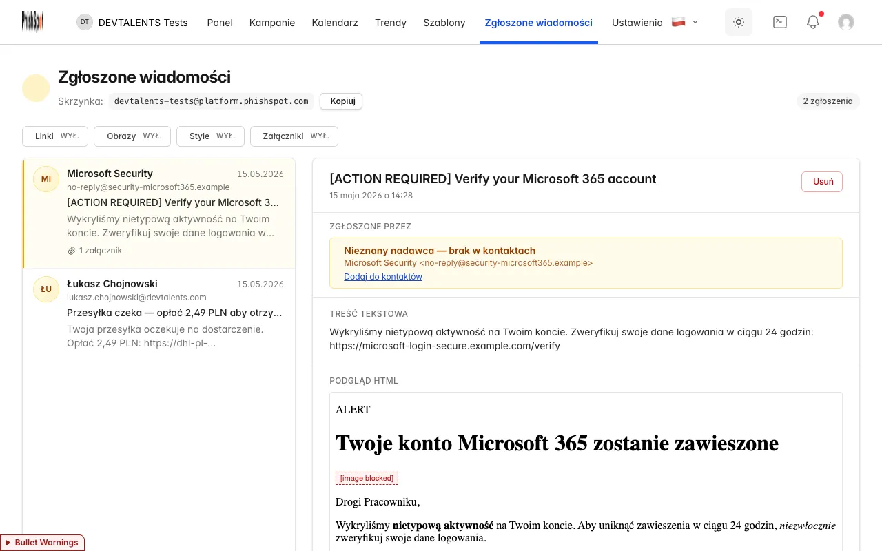 Przegląd skrzynki zgłoszeniowej w PhishSpot