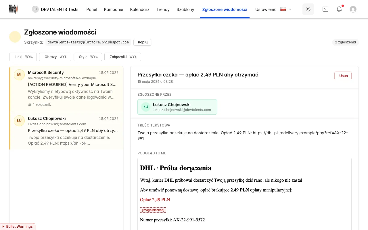 Bezpieczny podgląd zgłoszonej wiadomości w PhishSpot