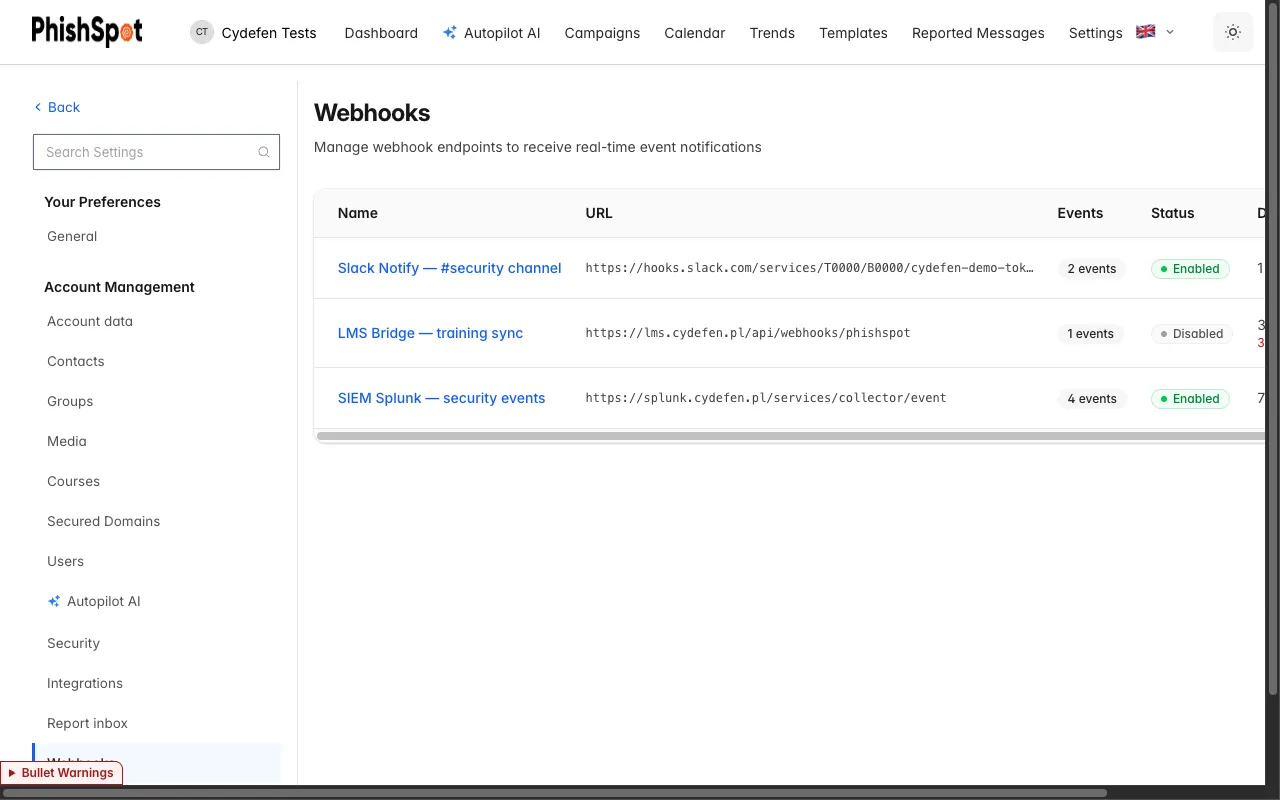 Webhook endpoints in PhishSpot